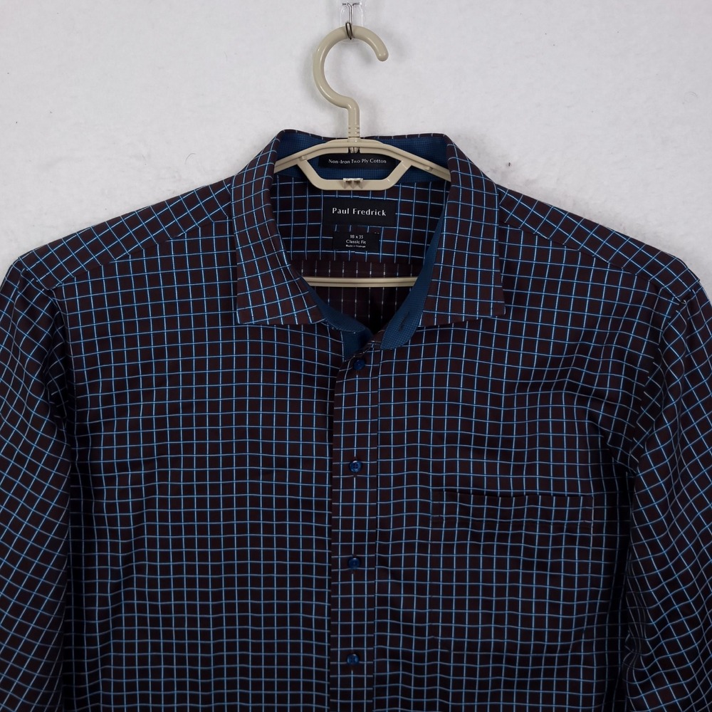 Paul Fredrick Dress Shirt Mens 18x35 Brown Teal Grid Non-Iron Classic Fit Cotton